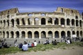 ROME-ITALY-MAY-19-2019:Tourist people take a picture by smartphone at Colosseum in Rome landmark which Rome Colosseum is one of