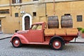 Vintage italian red car camper Fiat 1100 ELR pick-up, Rome