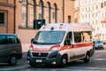 Rome, Italy. Moving With Siren Emergency Ambulance Reanimation Van Fiat Car On Street. Emergency Lights System Els