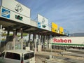 Rome, Italy - October 3, 2023: Cars at Autostrade motorway, highway Toll in Italy. Payment with Telepass or card.