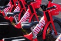 Rome, Italy - October 2019: Jump electric bikes by Uber in a rack