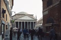 A large crowd of tourist visiting the Pantheon, ancient Roman temple and Catholic church at Piazza della Rotonda in Rome, Italy