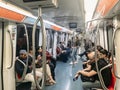 Rome, Italy - October 2019: People sitting in metro train, Italian public transport