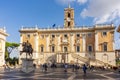 Rome, Italy - October 2022: Statue of Marcus Aurelius and Conservators Palace Palazzo dei Conservatori on Capitoline Hill