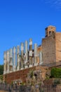 View of the main street of the Roman Forum Via Sacra, remains of columns and bell tower of Santa Francesca Romana Basilica, Rome,