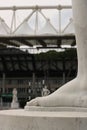 Olympic stadium and marble stadium. White Carrara marble sculptures of the Italian forum in Rome