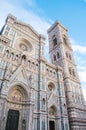 Rome, Italy - A panoramic vertical view of the famous Florence Cathedral and its small details in light blue and gold below a