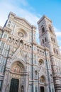 Rome, Italy -A panoramic vertical view of the famous Florence Cathedral and its small details in light blue and gold below a