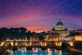 Rome, Italy. Papal Basilica Of St. Peter In The Vatican And Aelian Bridge In Evening Night Illuminations Royalty Free Stock Photo