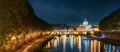 Rome, Italy. Papal Basilica Of St. Peter In The Vatican And Aelian Bridge In Evening Night Illuminations. Panoramic View Royalty Free Stock Photo