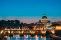 Rome, Italy. Papal Basilica Of St. Peter In The Vatican And Aelian Bridge In Evening Night Illuminations Royalty Free Stock Photo