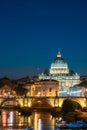 Rome, Italy. Papal Basilica Of St. Peter In The Vatican And Aelian Bridge In Evening Night Illuminations Royalty Free Stock Photo