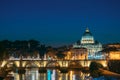 Rome, Italy. Papal Basilica Of St. Peter In The Vatican And Aelian Bridge In Evening Night Illuminations Royalty Free Stock Photo