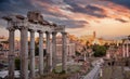 Roman Forum, Rome Italy. Ancient remains, cloudy sky at sunrise Royalty Free Stock Photo