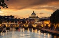 Rome Italy. San Pietro basilica in the Vatican, ponte Sant Angelo and Tiber river, sky at sunset Royalty Free Stock Photo