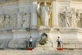 ROME, ITALY - SEPTEMBER 16, 2019: front view of two militaries guarding the Unknown Soldiers tomb at the Vittorio Emanuele II Royalty Free Stock Photo