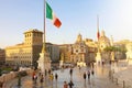 ROME, ITALY - SEPTEMBER 16, 2019: Sunset view of Rome from the Altar of the Fatherland Altare della Patria with Italian flags Royalty Free Stock Photo