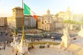 ROME, ITALY - SEPTEMBER 16, 2019: Sunset view of Rome from the Altar of the Fatherland Altare della Patria with Italian flags Royalty Free Stock Photo