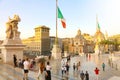ROME, ITALY - SEPTEMBER 16, 2019: Sunset view of Rome from the Altar of the Fatherland Altare della Patria with Italian flags Royalty Free Stock Photo