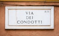 Rome, Italy. Street plate of the famous Condotti Road - Via dei Condotti - center of the Roman luxury shopping Royalty Free Stock Photo