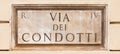 Rome, Italy. Street plate of the famous Condotti Road - Via dei Condotti - center of the Roman luxury shopping Royalty Free Stock Photo