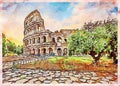 Rome, Italy - Sunset behind the Colosseum - Creative illustration, vintage watercolor design