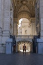 Two members of the Swiss Guard guard the entrance Guardia Svizzera Arco delle Campane of St. Peter`s Basilica in Rome