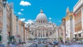 Rome, Italy, Vatican timelapse: St. Peter's Basilica in Vatican City State view from Via della Conciliazione, Road of Royalty Free Stock Photo