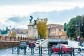 Rome, Italy. Vehicular traffic on cobblestone streets of the city.