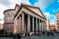 View of ancient Roman Pantheon and fountain located in Rotonda square