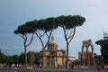 Rome, Italy - view of Curia Julia and Temple of Venus Genetrix from the street. Outside the Roman Forum.