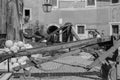 Rome, Italy, 1966 - Visitors admire the ancient catapults situated on the ramparts of Castel Sant`Angelo Royalty Free Stock Photo