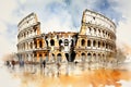 Rome, Italy. Waterwashed painting illustration, with famous ancient Colosseum, poscard. AI generated image.