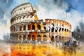 Rome, Italy. Waterwashed painting illustration, with famous ancient Colosseum, poscard. AI generated image. Royalty Free Stock Photo