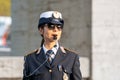 Rome, Italy - 29.10.2019: Woman police officer in uniform regulates traffic