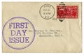 Rome, New York, The USA - 3 August 1927: US historical envelope: cover with round ink cachet First day issue, red postage stamp S