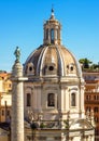 Rome in summer, Italy. Church of Santa Maria di Loreto and Ancient Roman Trajan`s Column in Rome center. Beautiful scenery of Rom Royalty Free Stock Photo