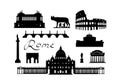 Rome travel landmark set. Italian famous places silhouette icons. Architecture, building, arch, monument, brindge, sculpture main Royalty Free Stock Photo