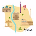 Rome. Travel map and vector landscape of buildings and famous la