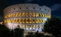 Rome - View at night on the exterior facade of Colosseum of city of Rome, Lazio, Italy, Europe. UNESCO World Heritage Site Royalty Free Stock Photo