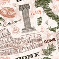 Rome. Vintage seamless pattern with Coliseum, Italy map, classic style column and flowers on grunge background