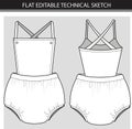 Technical flat sketch drawing of a baby or toddler romper with a bubble silhouette and cross-over straps. Royalty Free Stock Photo