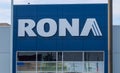 RONA Banner and logo at store front. RONA is an American owned Canadian retailer of big-box format home improvement, garden center