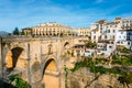 El Tajo Gorge Canyon with new bridge and white spanish houses in Ronda, Andalusia, Spain