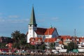 Ronne town harbor and church panorama from the sea, Bornholm, Denmark Royalty Free Stock Photo