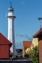 Ronne town street view with Ronne Lighthouse, Bornholm island, Denmark Royalty Free Stock Photo
