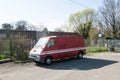 Ront side view of vintage red Renault T35D mini cargo van