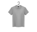 Ront view of men`s gray t-shirt Mock-up on metal hanger and light background. Short sleeve T-shirt template on background Royalty Free Stock Photo