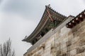 Roof of a beautiful Korean Pagoda in Seoul Park against the sky. Bottom view. Close-up Royalty Free Stock Photo