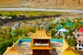 Roof of buddhist temple and view of Kaza